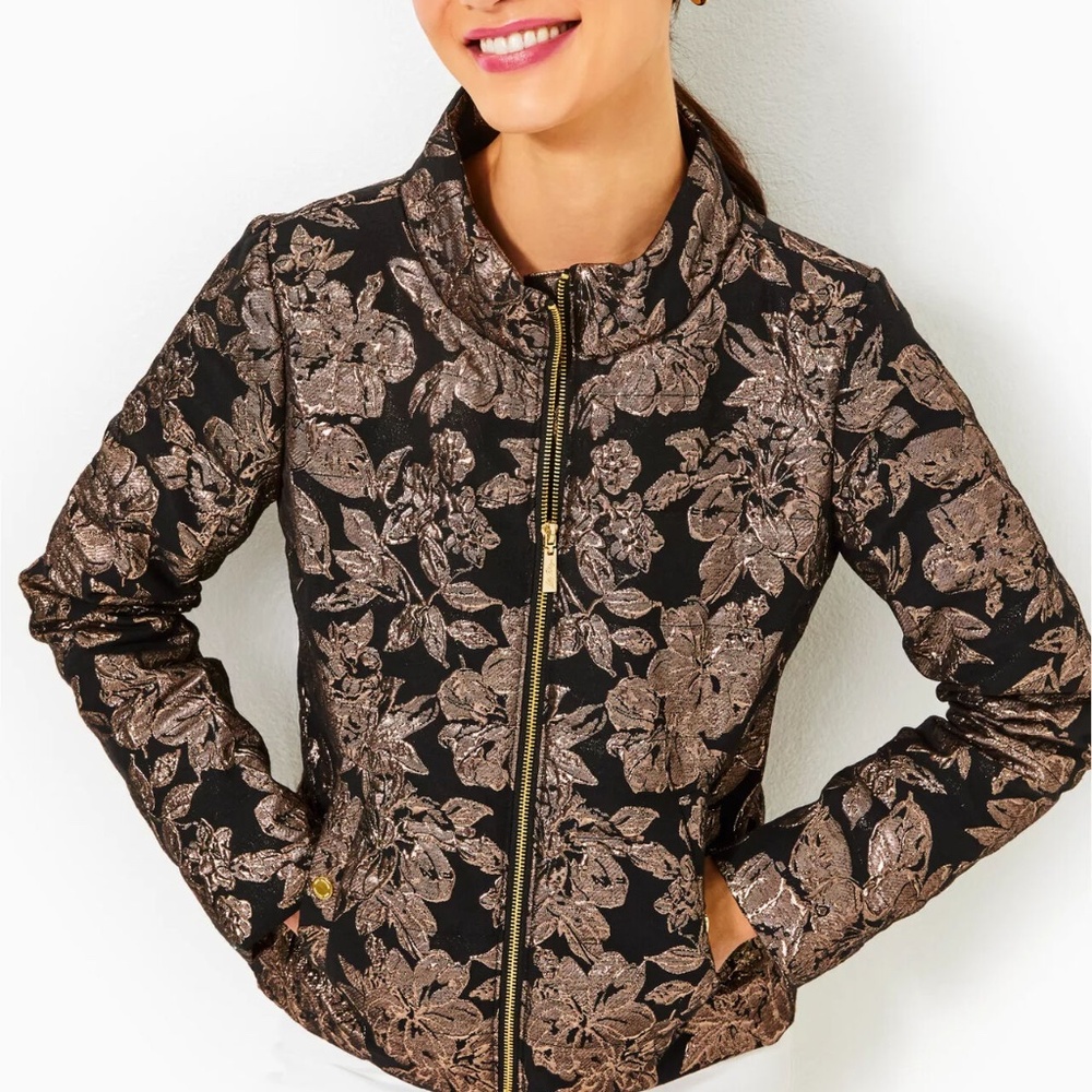 new LILLY PULITZER Emelyn Brocade Jacket in Noir Moonlight Dance Brocade SIZE 4